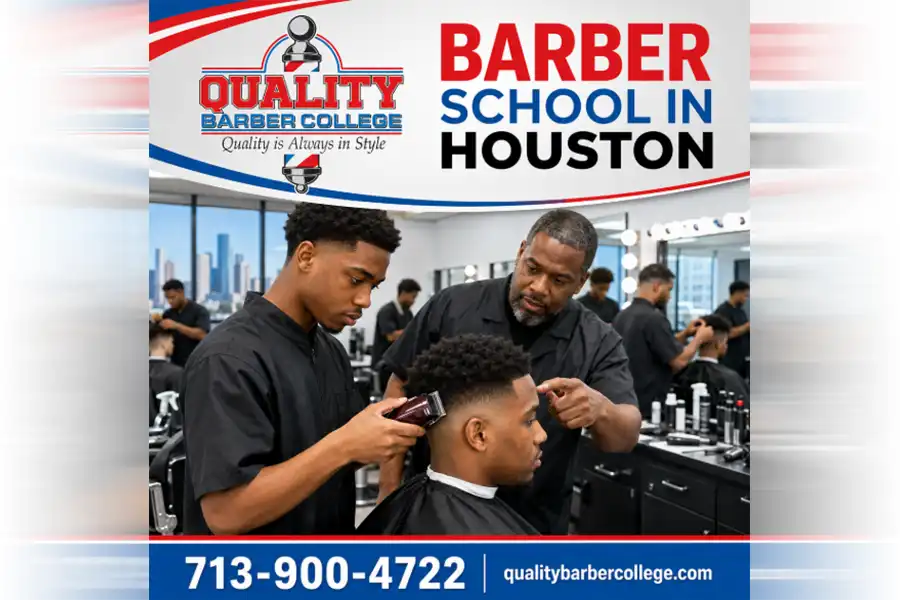 Student receiving hands-on training at a barber school in Houston